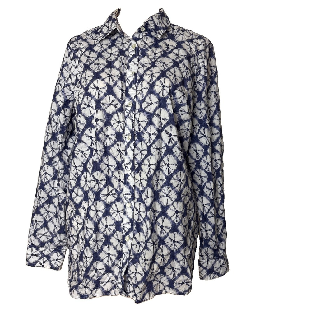 Talbots Button Up Blue White Pattern Long Sleeve Shirt SZ L cotton lightweight